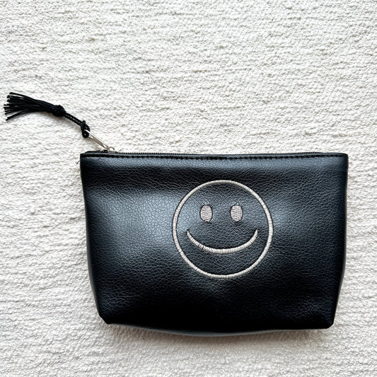 Smiley embroidered pouch Medium Size Brack x Sirver
