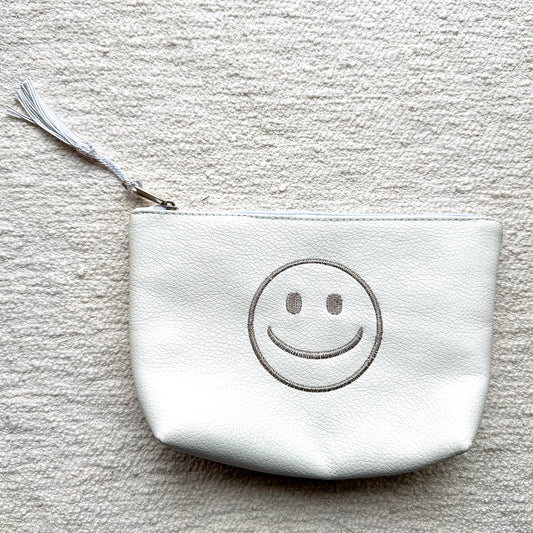 Smiley embroidered pouch Medium Size White x Sirver